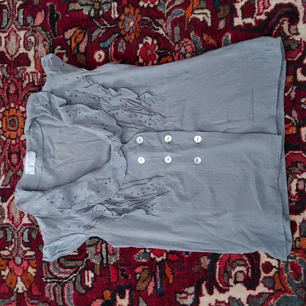 Vintage gray ruffled women's top size 4 - by French designer Emmanuelle Khanh